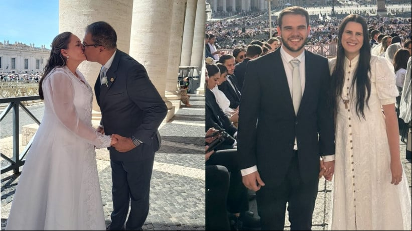 Da esquerda para direita: Wuldson Sousa e Maria estÃ£o casados a trÃªs anos, jÃ¡ Mauro  e LetÃ­cia sÃ£o recÃ©m casados e pediram uma benÃ§Ã£o especial ao papa 